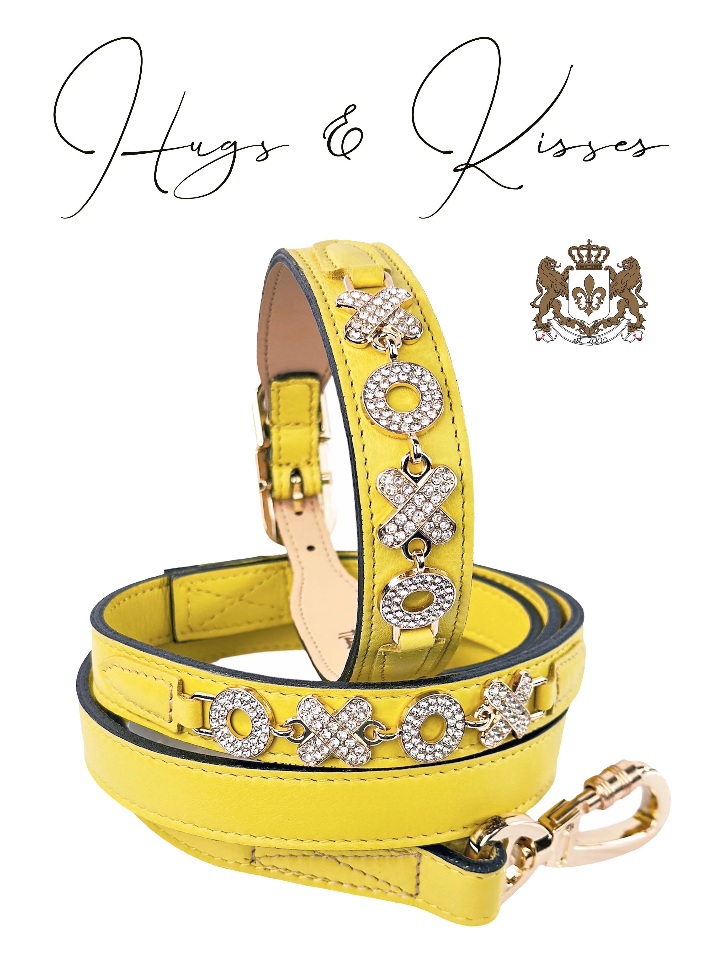 Hugs & Kisses Dog Collar in Canary Yellow & Gold