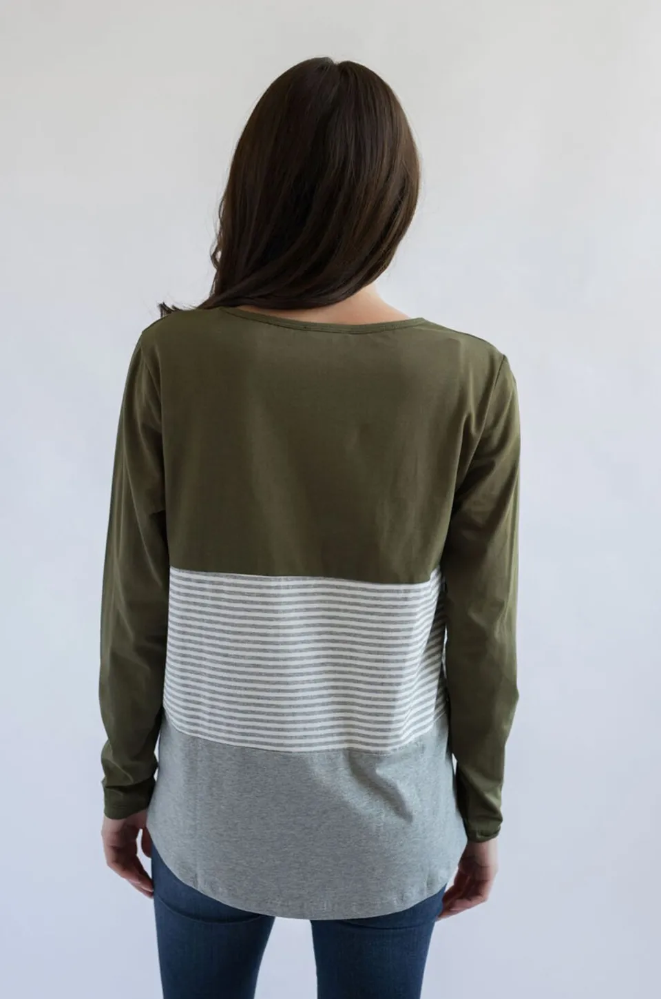 Long Sleeve Cotton Nursing Top- 3 Block- Olive