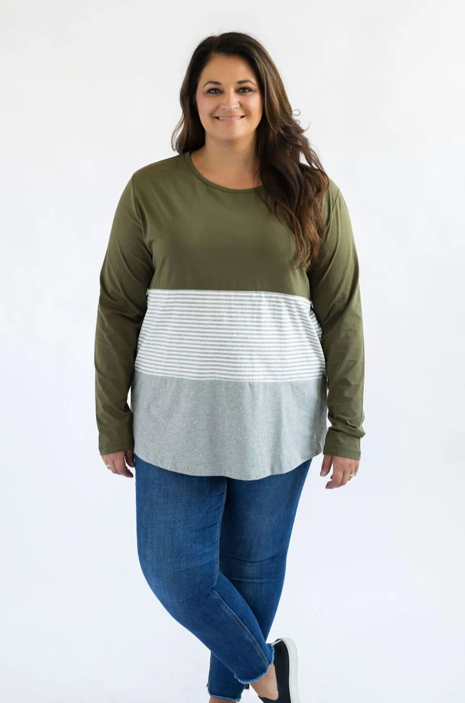 Long Sleeve Cotton Nursing Top- 3 Block- Olive