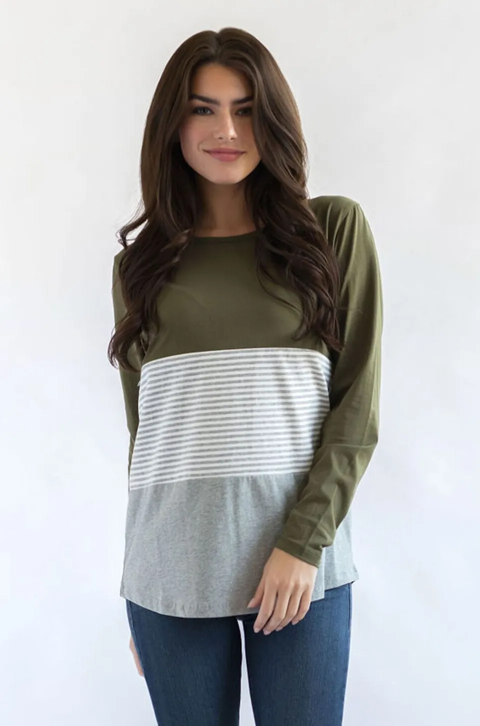 Long Sleeve Cotton Nursing Top- 3 Block- Olive