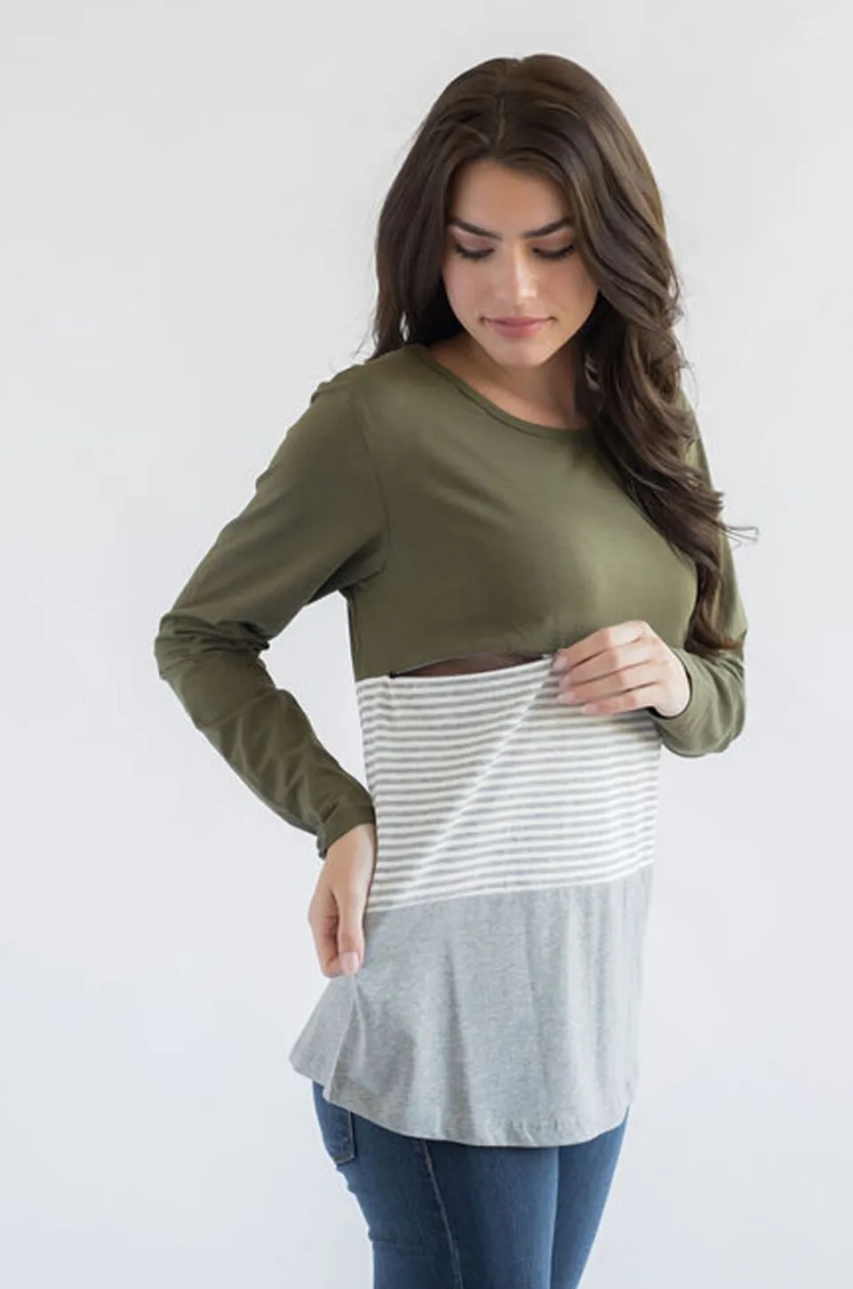 Long Sleeve Cotton Nursing Top- 3 Block- Olive