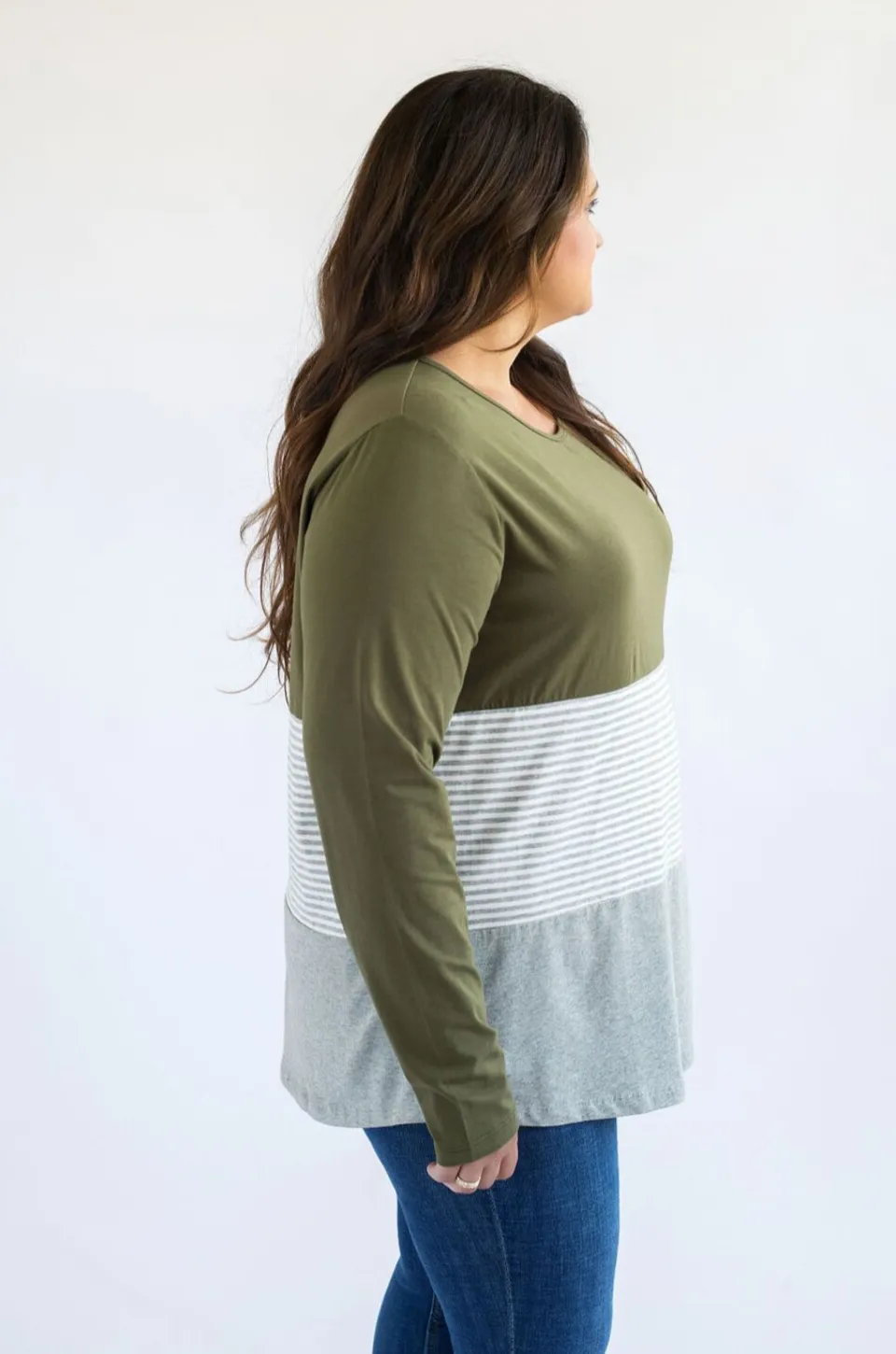 Long Sleeve Cotton Nursing Top- 3 Block- Olive