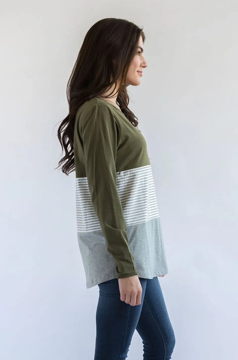 Long Sleeve Cotton Nursing Top- 3 Block- Olive