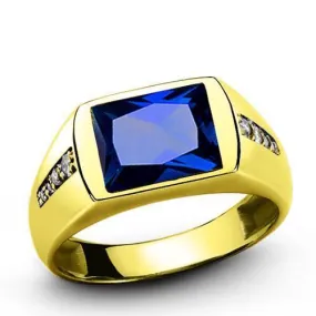 MEN'S 18K GOLD SOLID RING Sapphire and Diamonds Classic Fine Ring