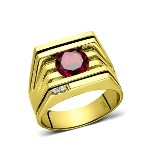 Mens Ring REAL Solid 10K YELLOW GOLD with Red Ruby and GENUINE DIAMONDS