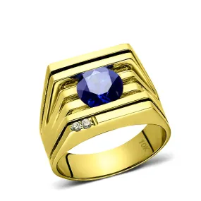 Mens Ring REAL Solid 10K YELLOW GOLD with Sapphire and 2 DIAMOND Accents