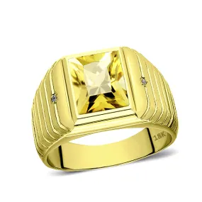 Mens Solid 18 karat Gold Ring Yellow Citrine with 0.04ctw Natural Diamond Accents