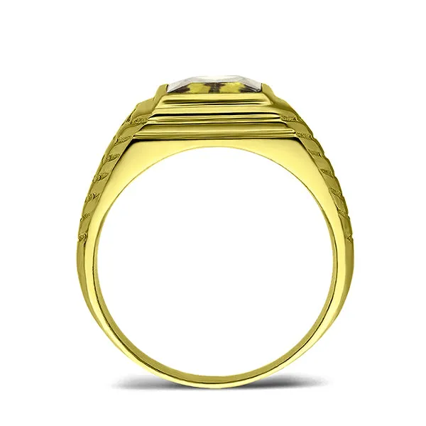 Mens Solid 18 karat Gold Ring Yellow Citrine with 0.04ctw Natural Diamond Accents