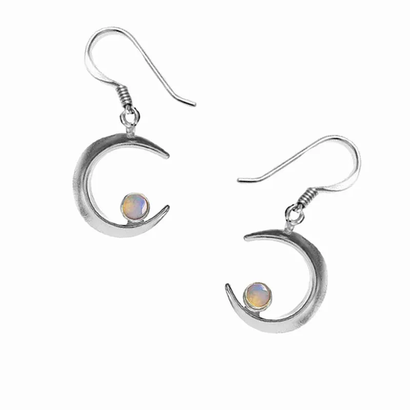 Moon Earrings With Opal, Handmade Solid Silver Moon Earrings Real Opal