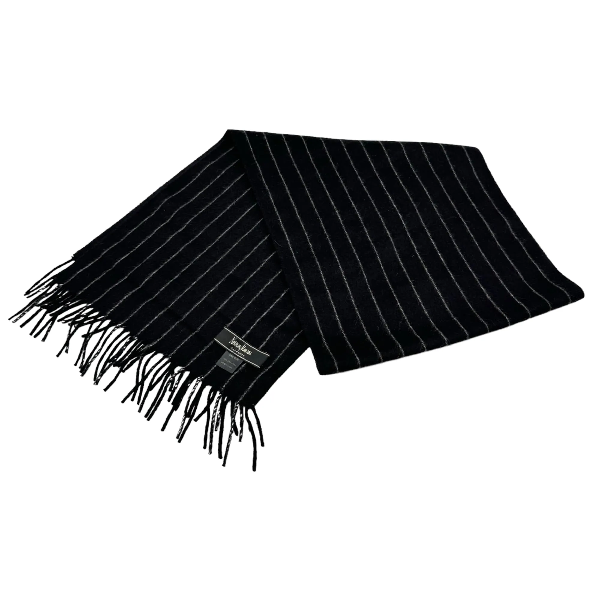 NEIMAN MARCUS Cashmere Pin Stripe Fringed Scarf - Black & Grey