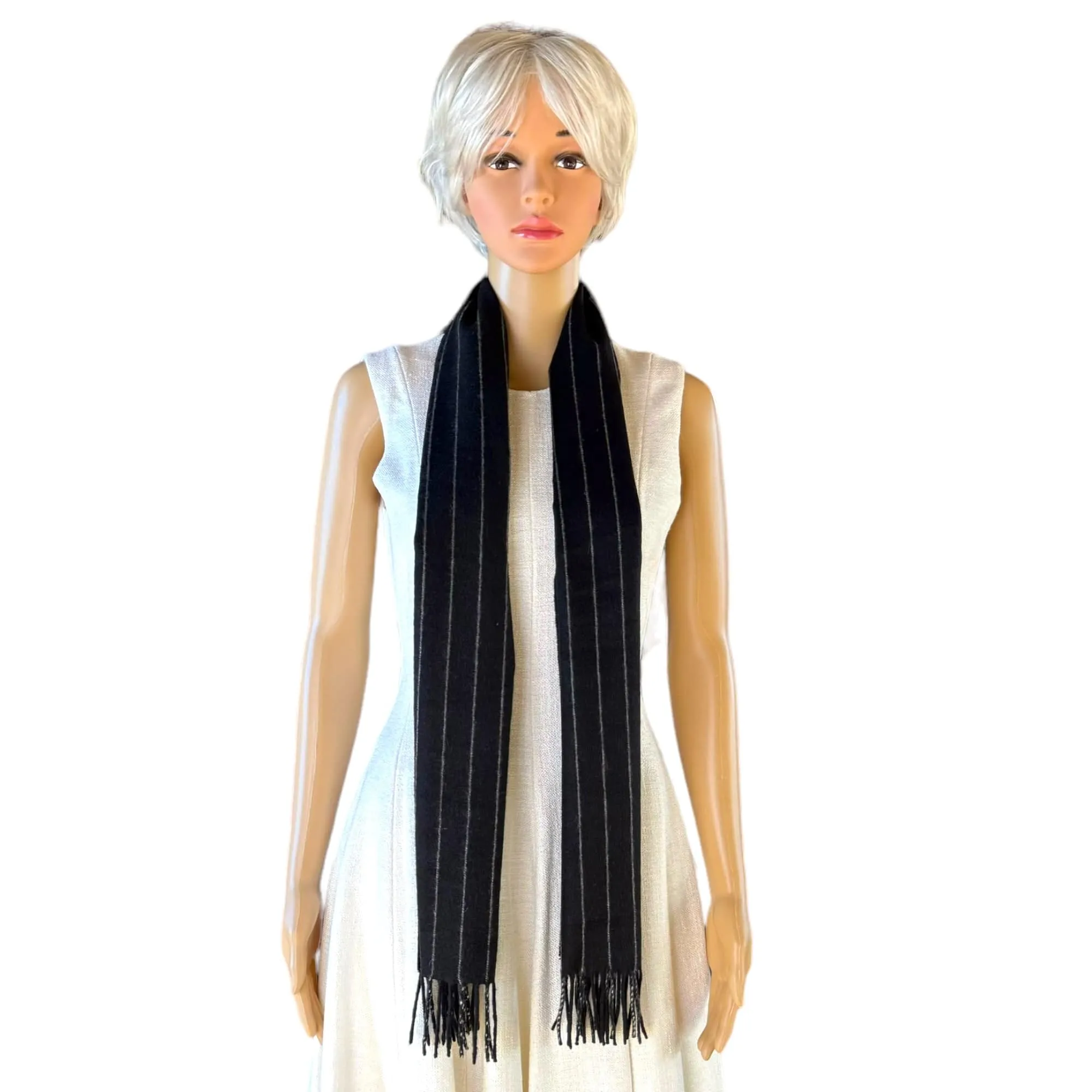 NEIMAN MARCUS Cashmere Pin Stripe Fringed Scarf - Black & Grey