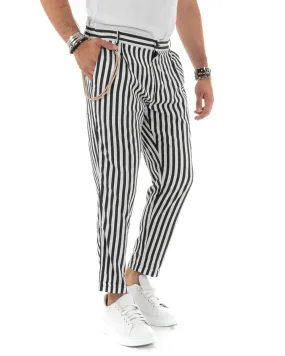 Pantaloni Uomo Viscosa Rigato Bicolore Nero Catena Elegante Casual Elastico Sul Retro GIOSAL-P5885A