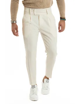 Pantaloni Uomo Viscosa Tasca America Vita Alta Classico Pinces Abbottonatura Allungata Casual Panna GIOSAL-P5984A