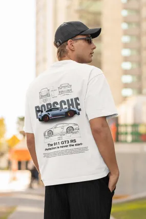 PORSCHE Back Side Printed Unisex White Oversized T-shirt