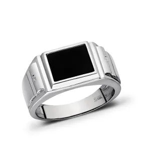 Solid 14K White Gold Estate Geometric Modern Design Mens Onyx and Diamond Ring