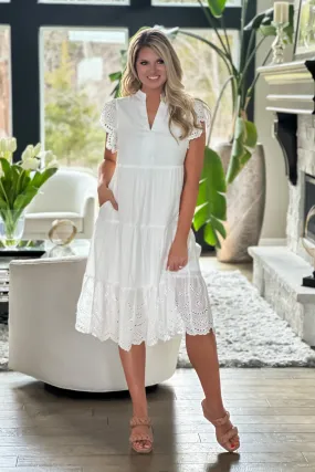 Tea Time Eyelet Accent Midi Dress : White