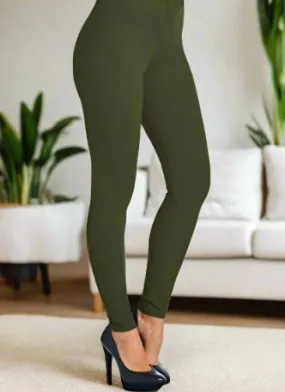 Womens Solid Green Leggings, Soft Yoga Pants, Sizes 0-18, No Roll Waist, Olive Green