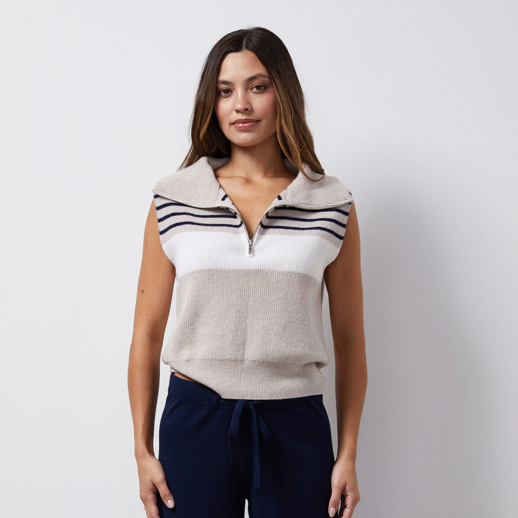 Wool Cashmere Stripe Half Zip Vest