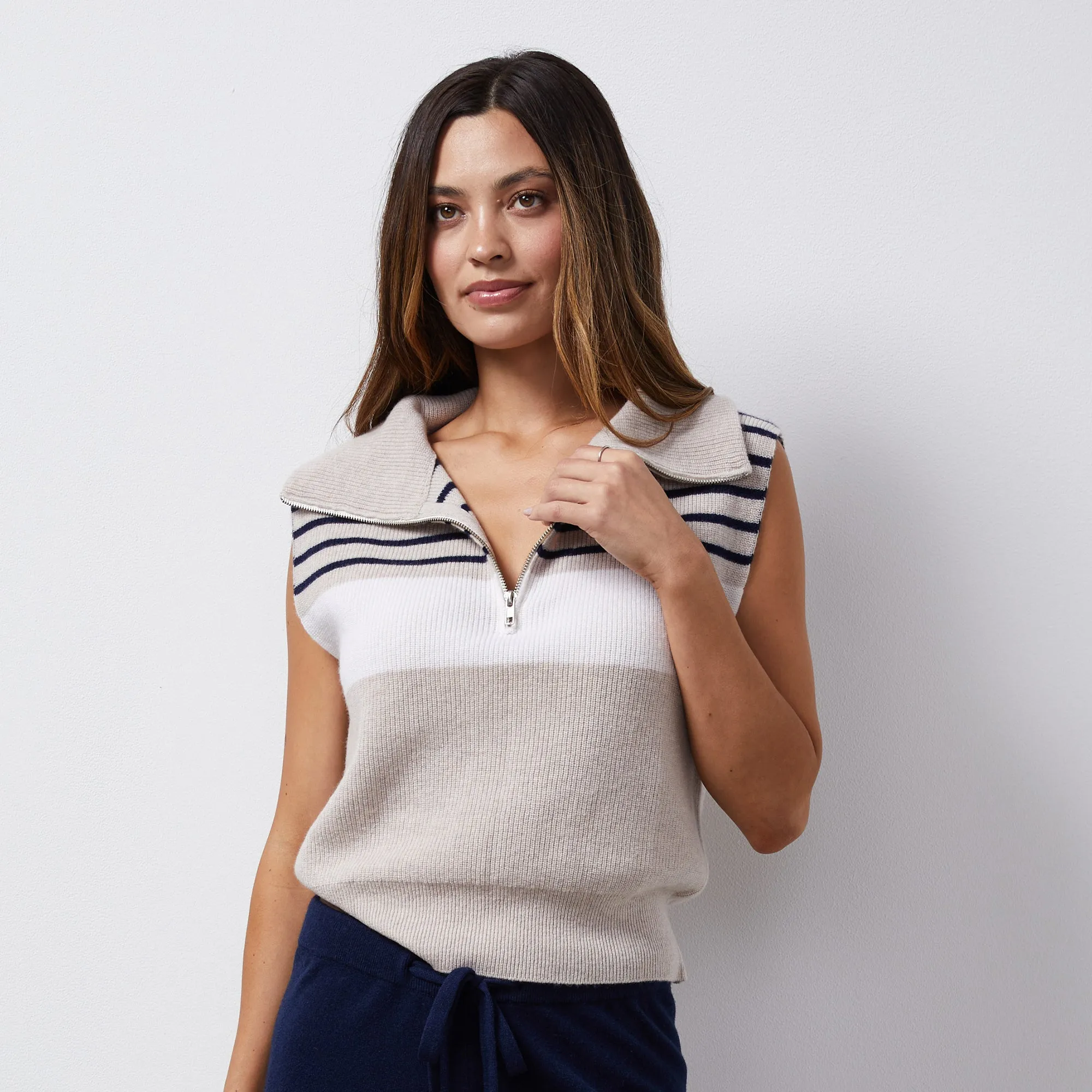 Wool Cashmere Stripe Half Zip Vest